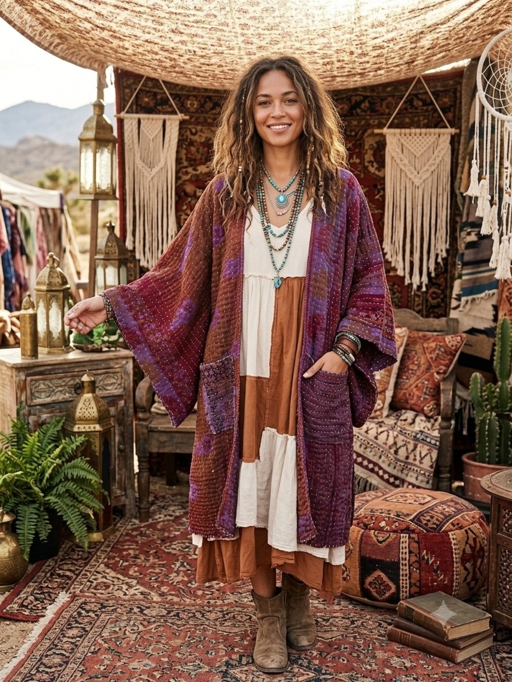 CUSTUM OVERDYED Boho Kantha KIMONO- Purple & Rust Tones XS-XL